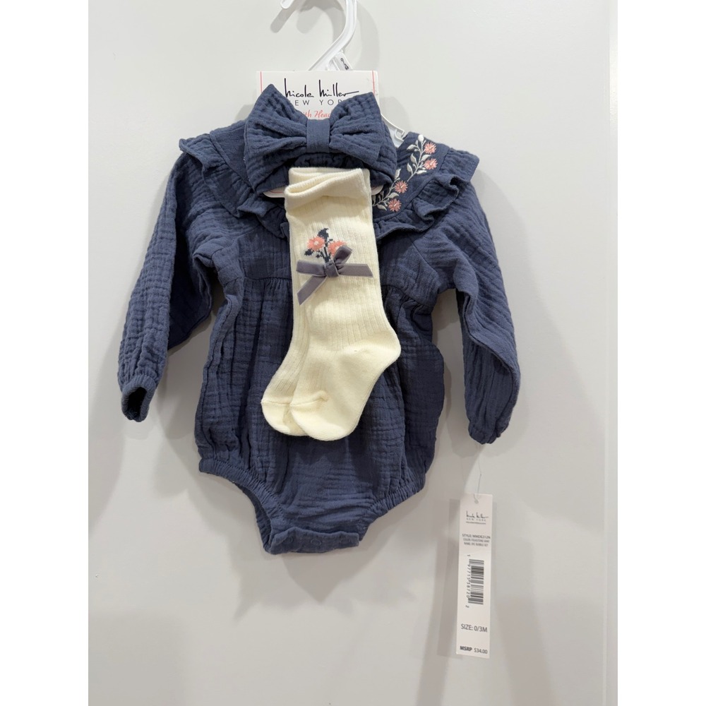 Nicole Miller New York Baby Girls 3PC Bubble Set Folkstone Gray 0/3M WMDE212N